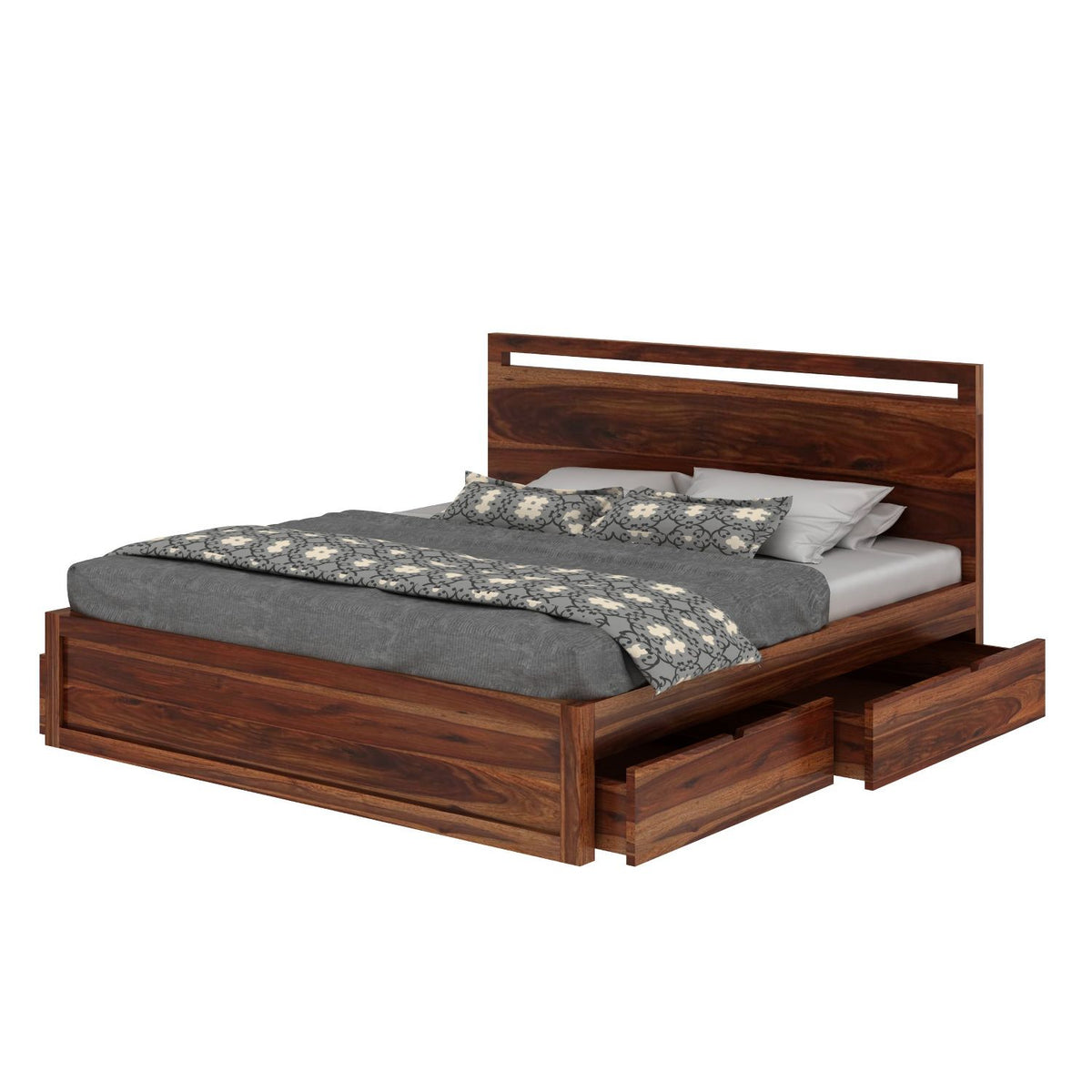 Livinn Solid Sheesham Wood Bed With Four Drawers (King Size, Natural Finish)