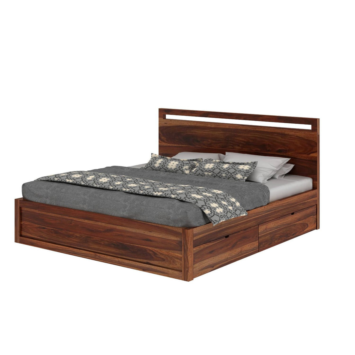Livinn Solid Sheesham Wood Bed With Four Drawers (King Size, Natural Finish)