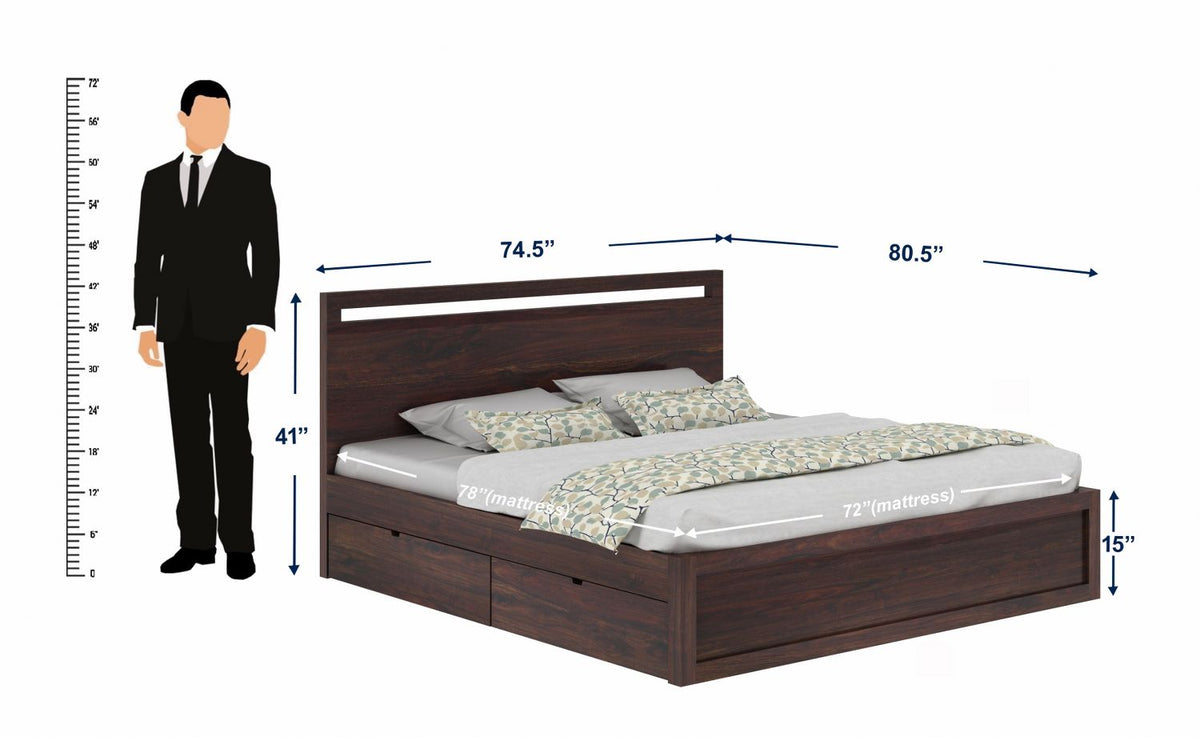 Livinn Solid Sheesham Wood Bed With Four Drawers (King Size, Walnut Finish)