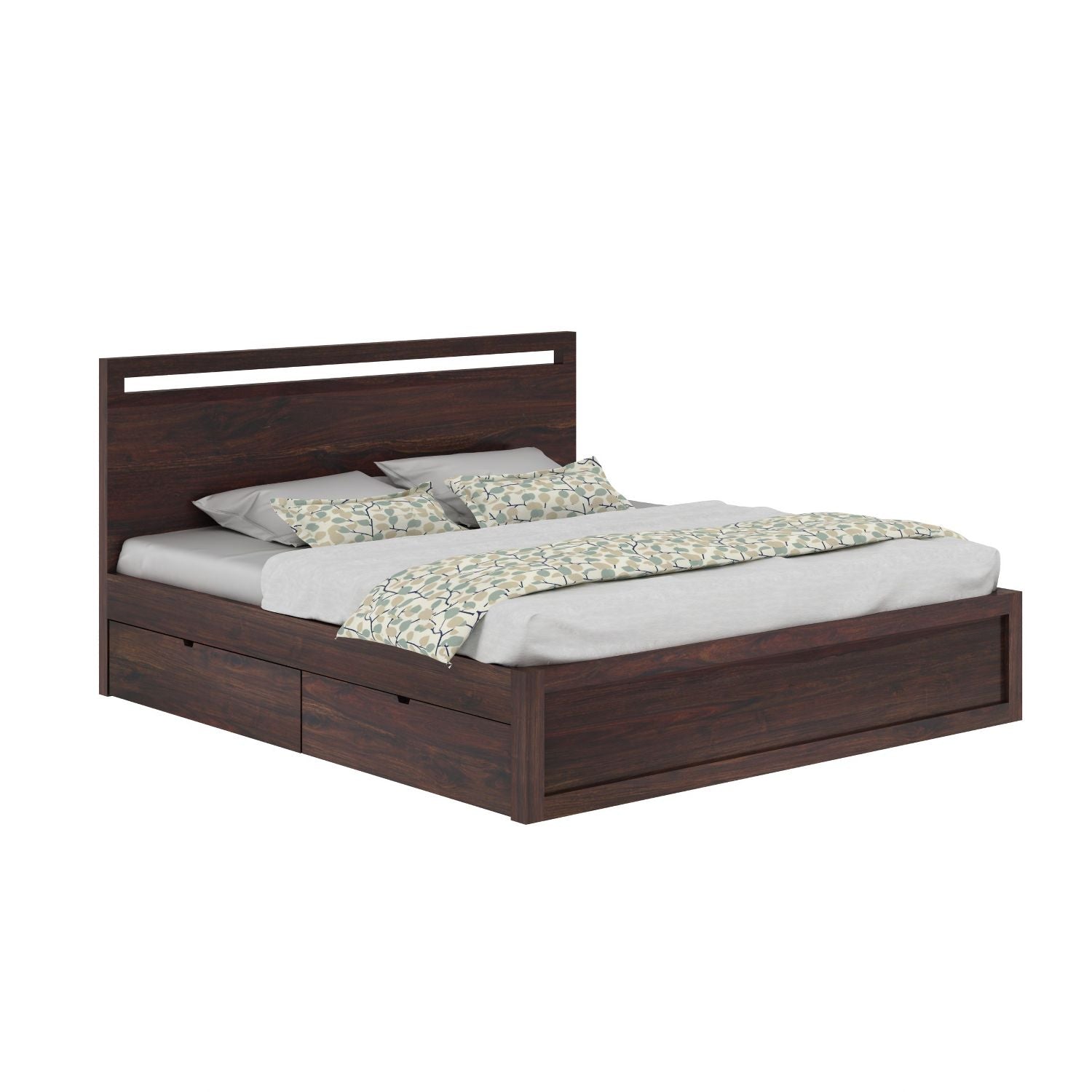 Livinn Solid Sheesham Wood Bed With Four Drawers (King Size, Walnut Finish)