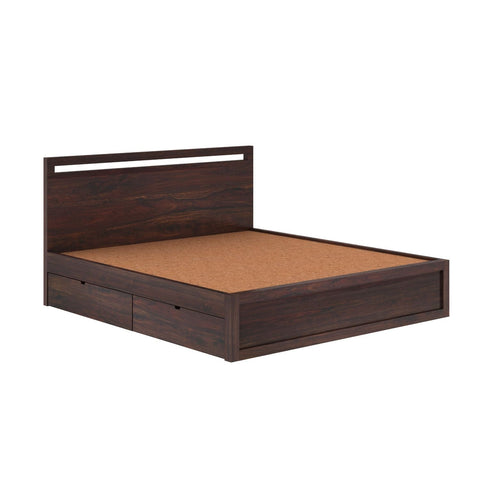 Livinn Solid Sheesham Wood Bed With Four Drawers (Queen Size, Walnut Finish)