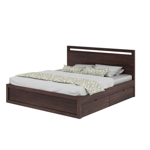 Livinn Solid Sheesham Wood Bed With Four Drawers (King Size, Walnut Finish)