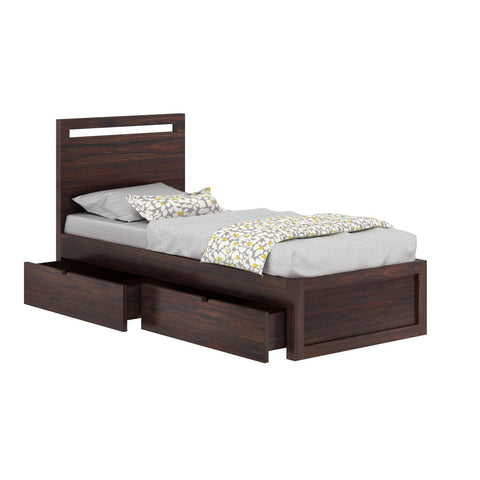 Livinn Solid Sheesham Wood Single Bed With Two Drawers (Walnut Finish)