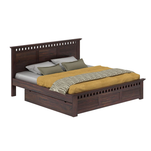Amer Solid Sheesham Wood Bed With Four Drawers (Queen Size, Walnut Finish)