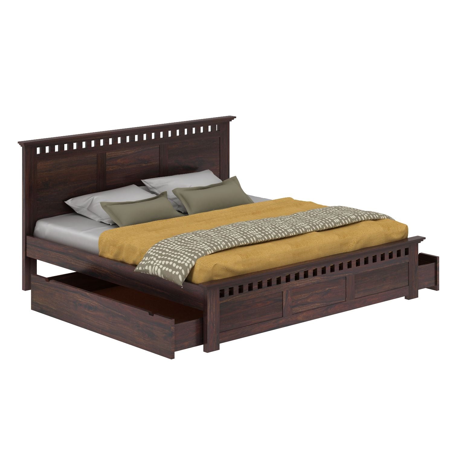 Amer Solid Sheesham Wood Bed With Two Drawers (King Size, Walnut Finish)