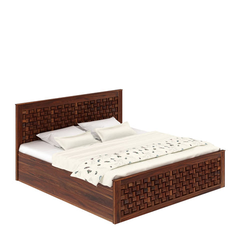 Olivia Solid Sheesham Wood Bed With Box Storage (Queen Size, Natural Finish)