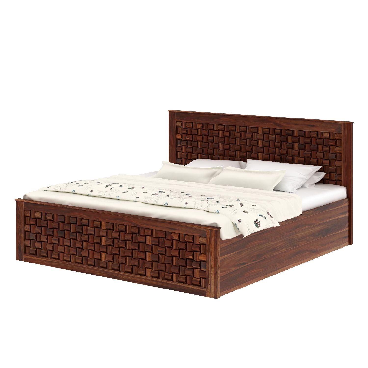 Olivia Solid Sheesham Wood Bed With Box Storage (King Size, Natural Finish)