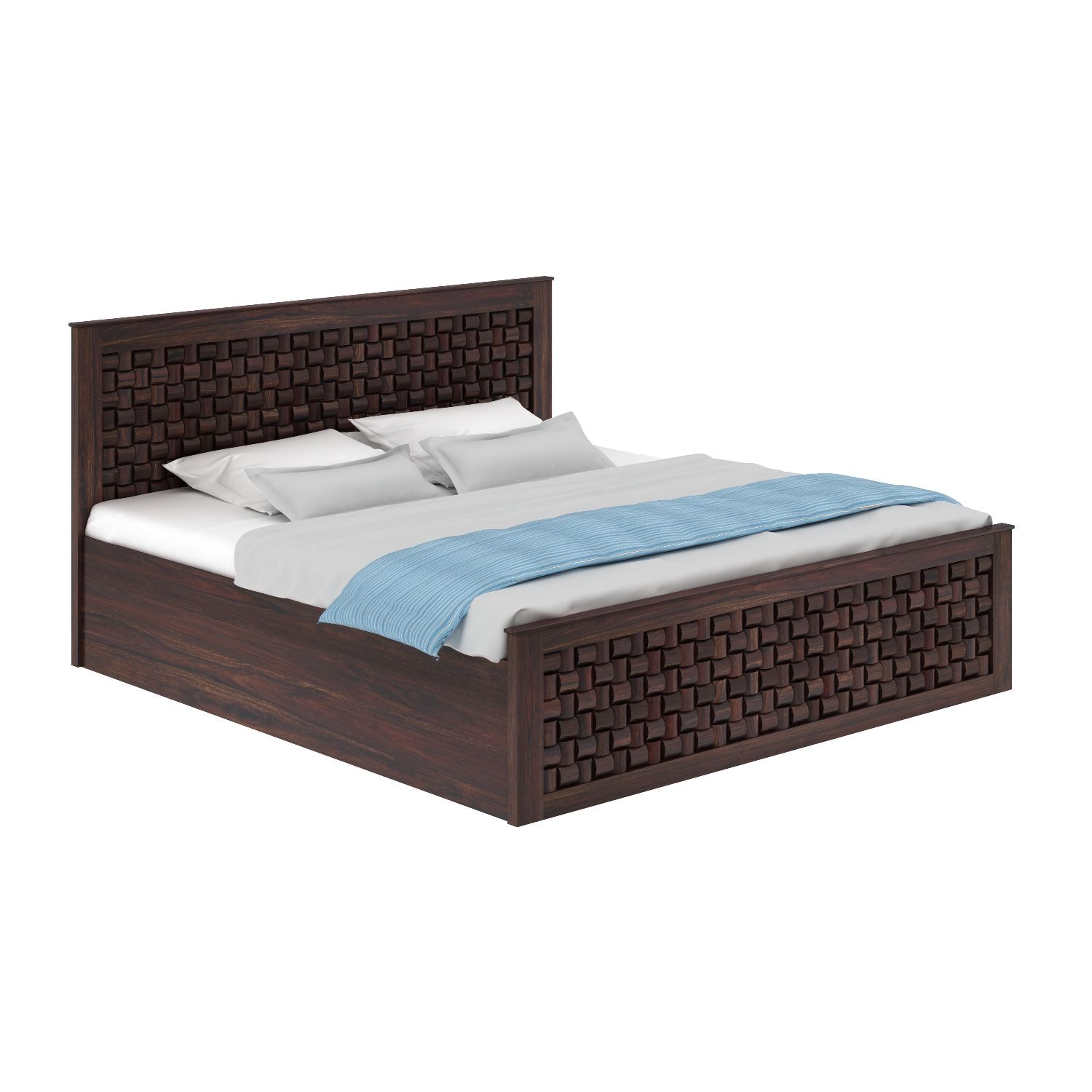 Olivia Solid Sheesham Wood Bed With Box Storage (Queen Size, Walnut Finish)