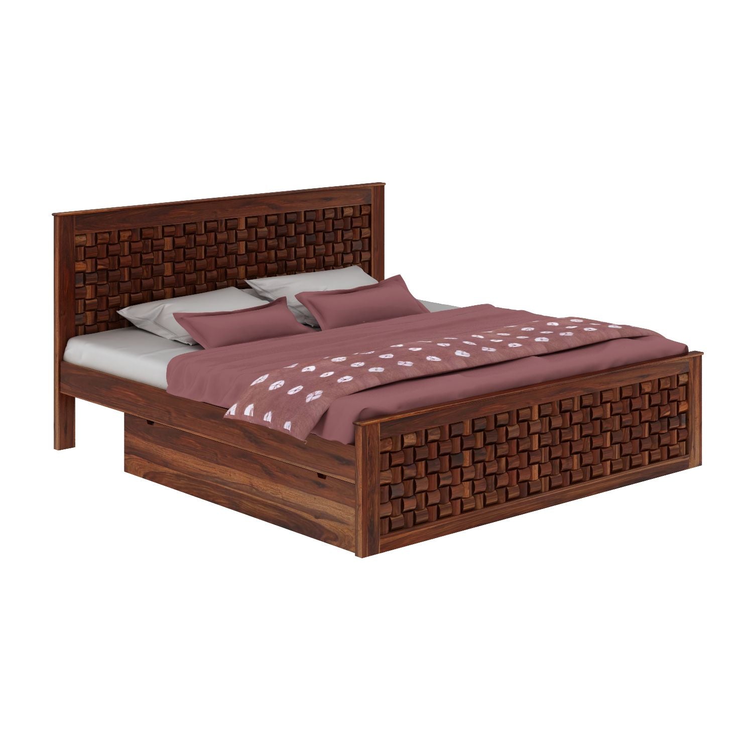 Olivia Solid Sheesham Wood Bed With Two Drawers (King Size, Natural Finish)