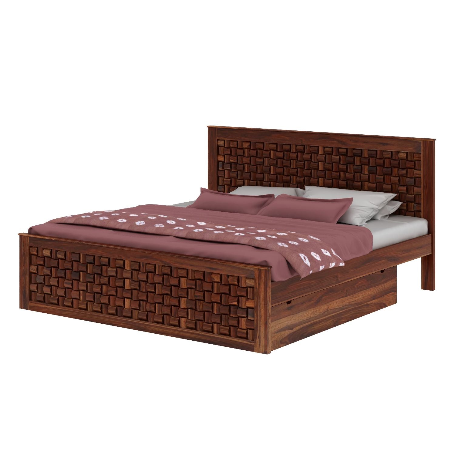 Olivia Solid Sheesham Wood Bed With Two Drawers (King Size, Natural Finish)