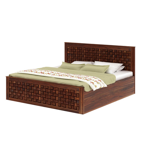 Olivia Solid Sheesham Wood Hydraulic Bed With Box Storage (King Size, Natural Finish)