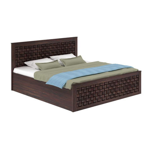 Olivia Solid Sheesham Wood Hydraulic Bed With Box Storage (Queen Size, Walnut Finish)