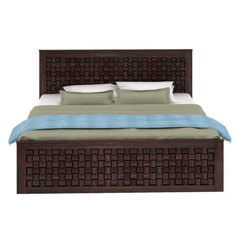 Olivia Solid Sheesham Wood Hydraulic Bed With Box Storage (Queen Size, Walnut Finish)