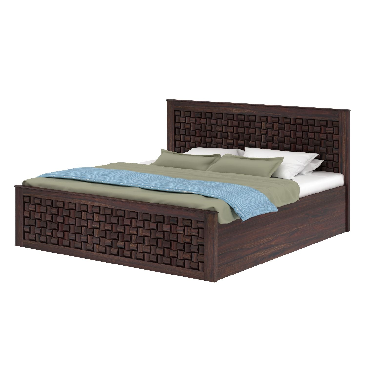 Olivia Solid Sheesham Wood Hydraulic Bed With Box Storage (King Size, Walnut Finish)