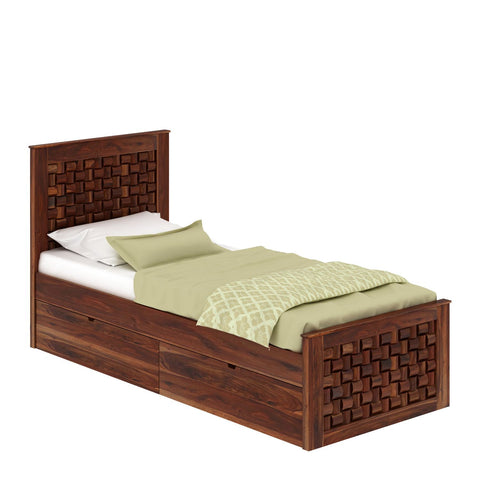 Olivia Solid Sheesham Wood Single Bed With Two Drawers (Natural Finish)