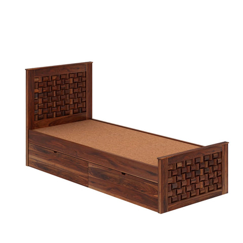 Olivia Solid Sheesham Wood Single Bed With Two Drawers (Natural Finish)