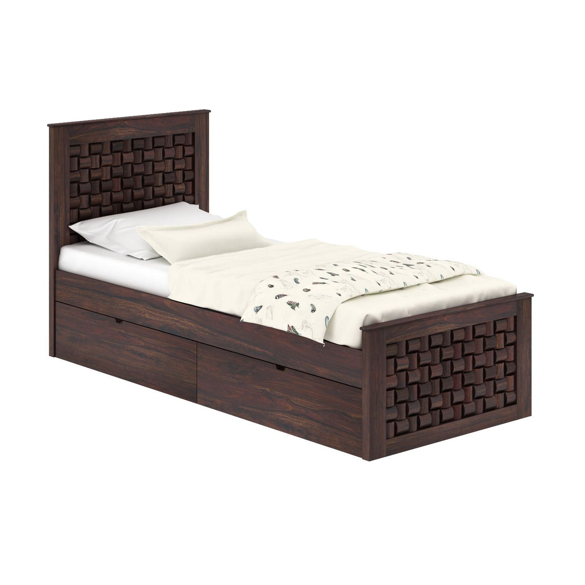Olivia Solid Sheesham Wood Single Bed With Two Drawers (Walnut Finish)
