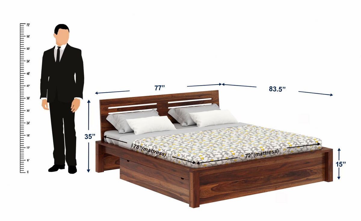 Due Solid Sheesham Wood Bed With Two Drawers (King Size, Natural Finish)
