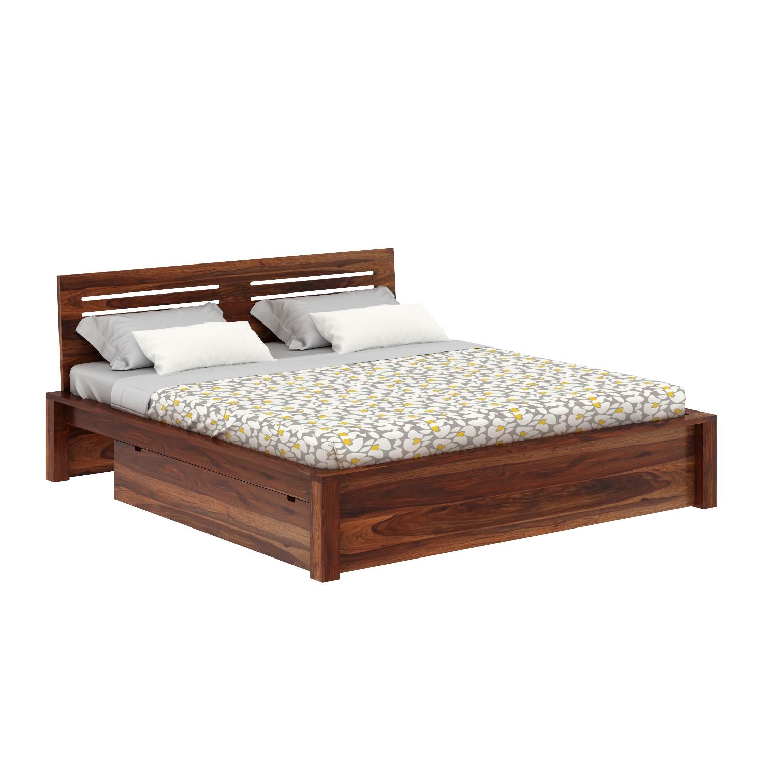 Due Solid Sheesham Wood Bed With Two Drawers (Queen Size, Natural Finish)