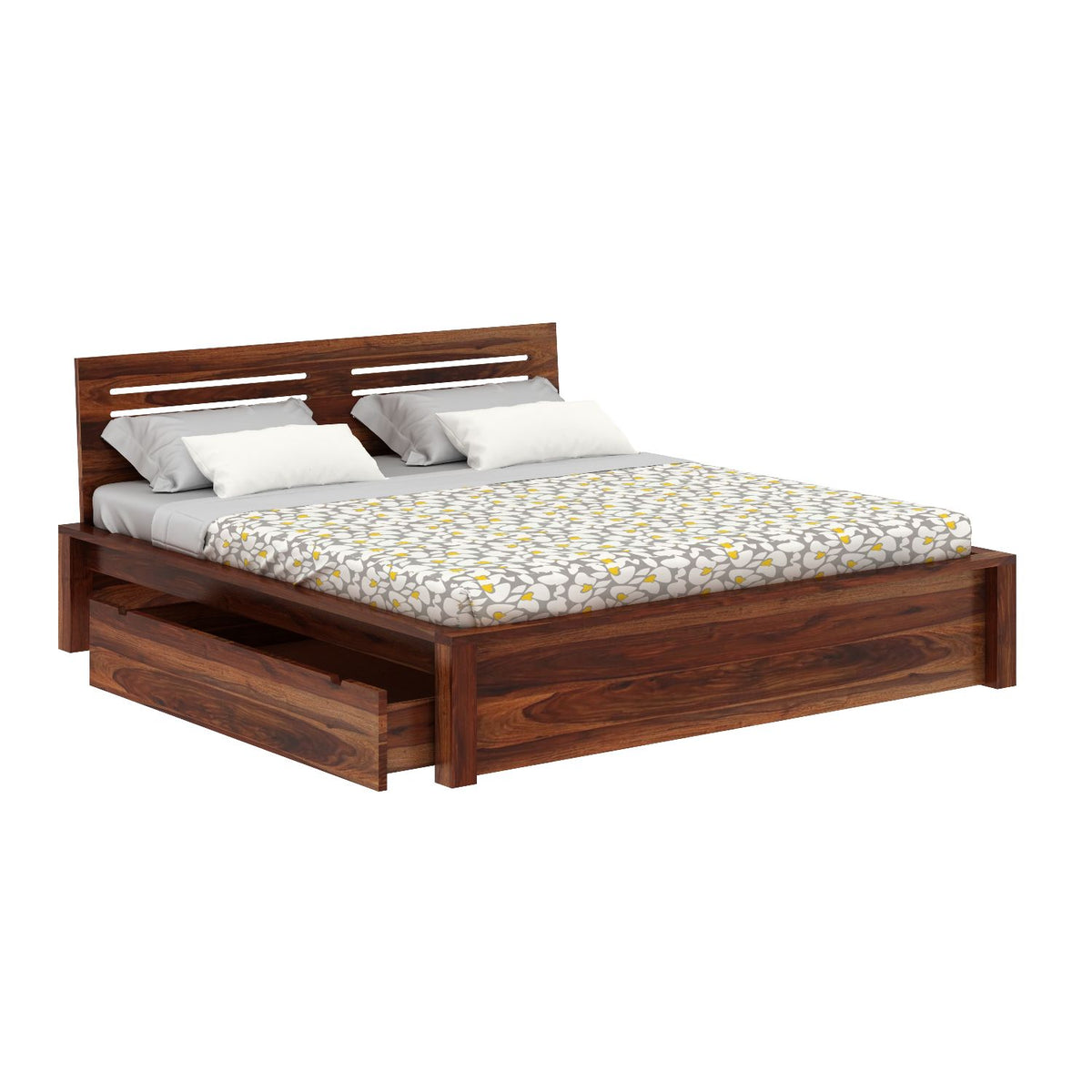 Due Solid Sheesham Wood Bed With Two Drawers (King Size, Natural Finish)