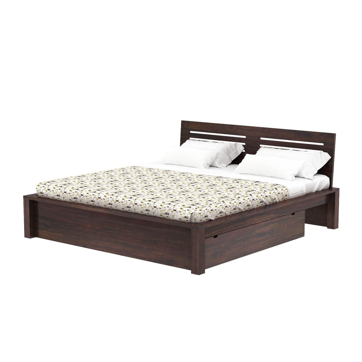 Due Solid Sheesham Wood Bed With Two Drawers (Queen Size, Walnut Finish)