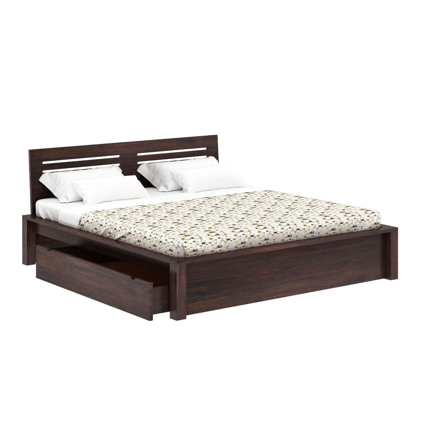 Due Solid Sheesham Wood Bed With Two Drawers (Queen Size, Walnut Finish)