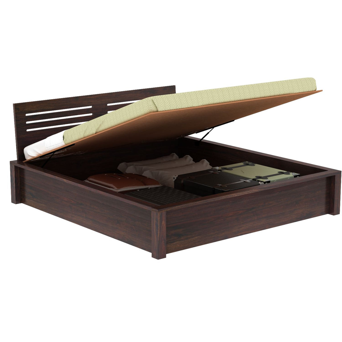 Due Solid Sheesham Wood Hydraulic Bed With Box Storage (King Size, Walnut Finish)