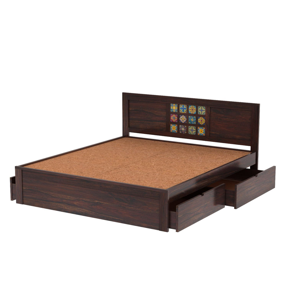 Dotwork Solid Sheesham Wood Bed With Four Drawers (King Size, Walnut Finish)