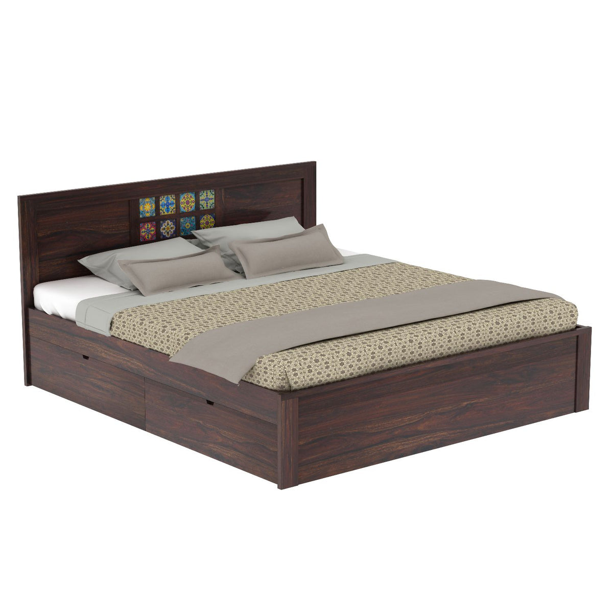 Dotwork Solid Sheesham Wood Bed With Four Drawers (King Size, Walnut Finish)