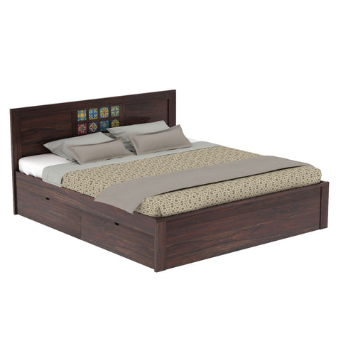 Dotwork Solid Sheesham Wood Bed With Four Drawers (Queen Size, Walnut Finish)