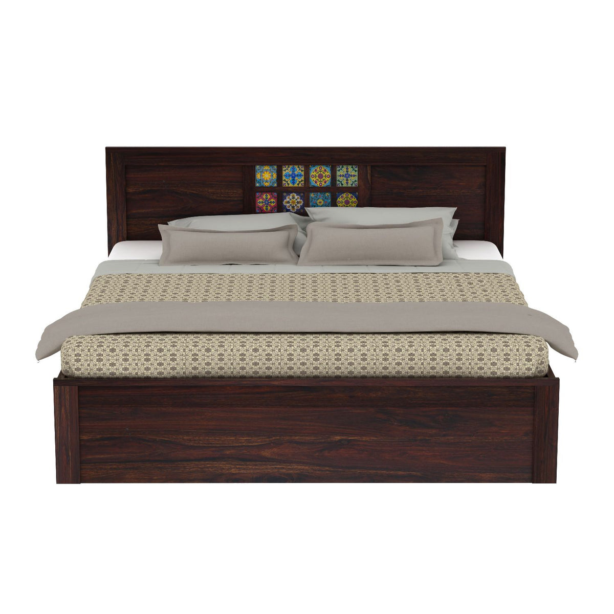 Dotwork Solid Sheesham Wood Bed With Four Drawers (King Size, Walnut Finish)