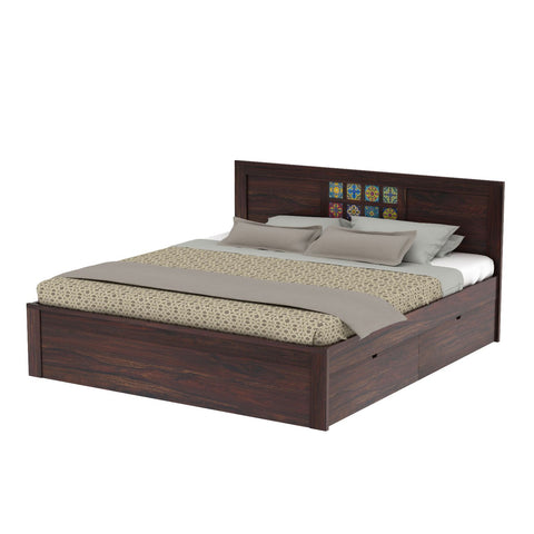 Dotwork Solid Sheesham Wood Bed With Four Drawers (King Size, Walnut Finish)