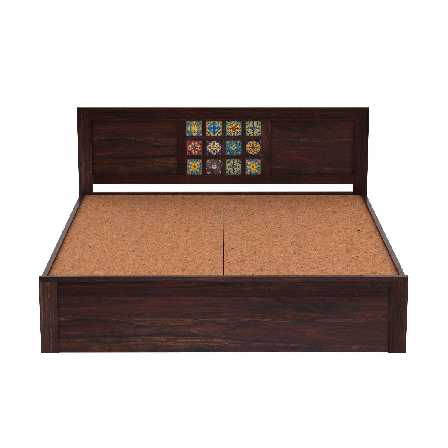 Dotwork Solid Sheesham Wood Bed With Four Drawers (Queen Size, Walnut Finish)