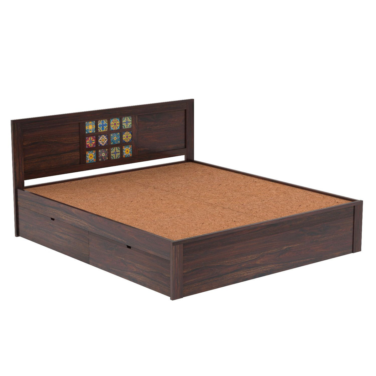 Dotwork Solid Sheesham Wood Bed With Four Drawers (King Size, Walnut Finish)
