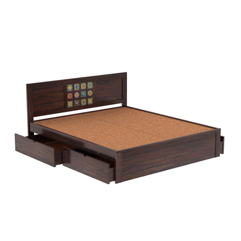Dotwork Solid Sheesham Wood Bed With Four Drawers (King Size, Walnut Finish)