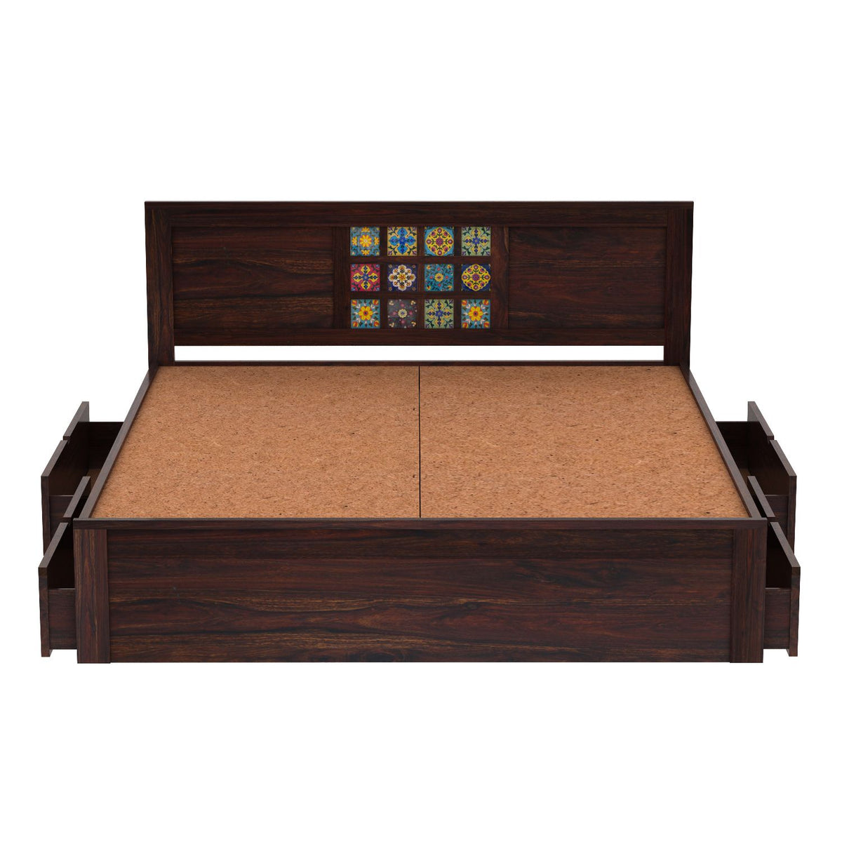 Dotwork Solid Sheesham Wood Bed With Four Drawers (King Size, Walnut Finish)
