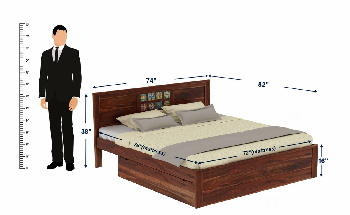 Dotwork Solid Sheesham Wood Bed With Two Drawers (King Size, Natural Finish)