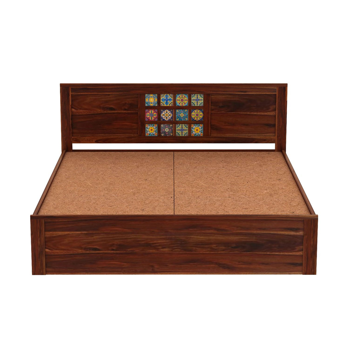 Dotwork Solid Sheesham Wood Bed With Two Drawers (King Size, Natural Finish)