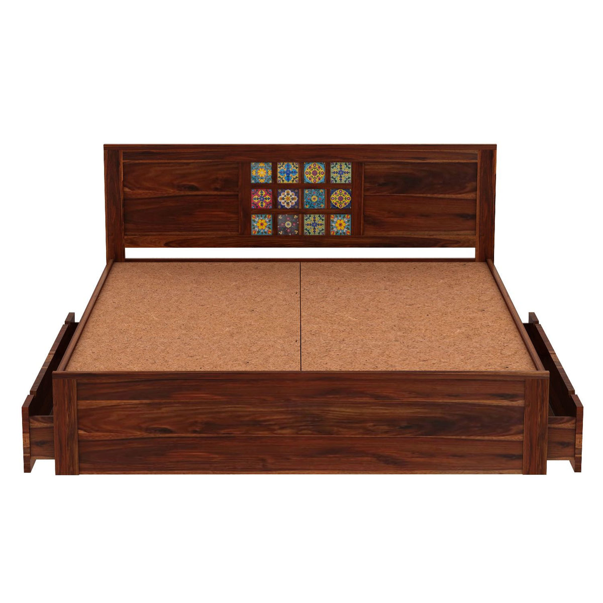 Dotwork Solid Sheesham Wood Bed With Two Drawers (King Size, Natural Finish)