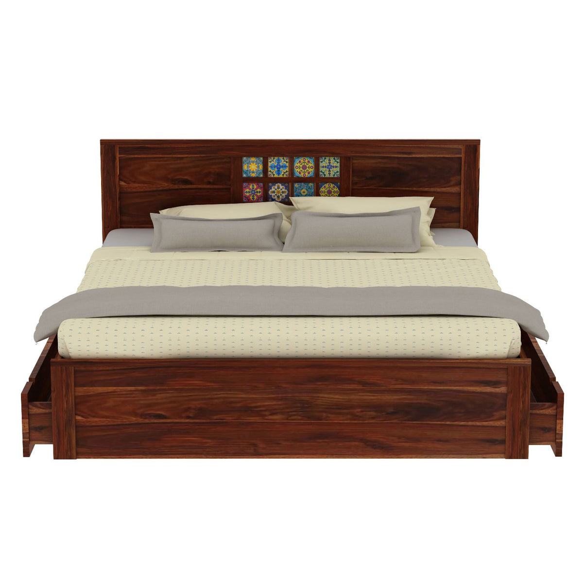 Dotwork Solid Sheesham Wood Bed With Two Drawers (King Size, Natural Finish)