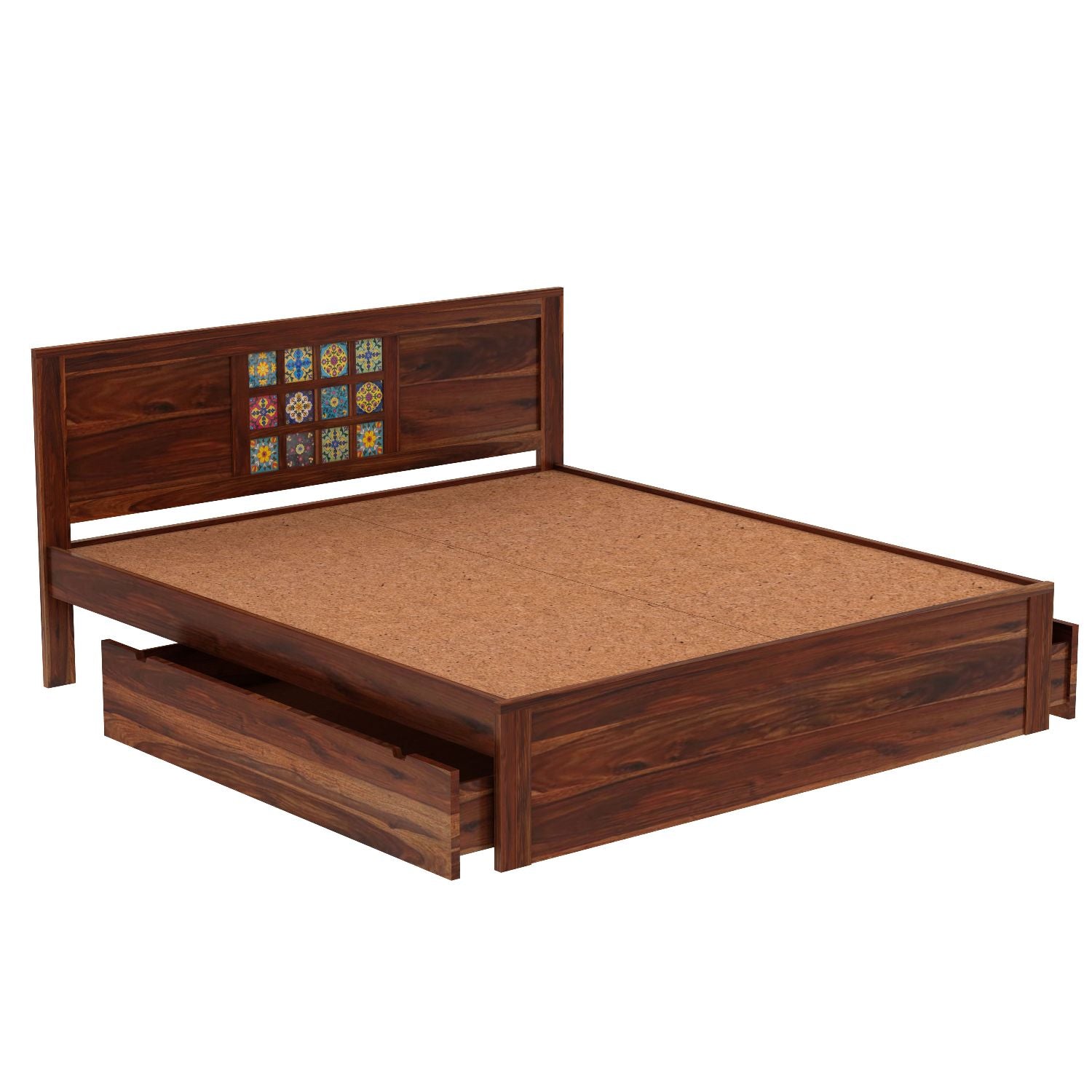 Dotwork Solid Sheesham Wood Bed With Two Drawers (Queen Size, Natural Finish)