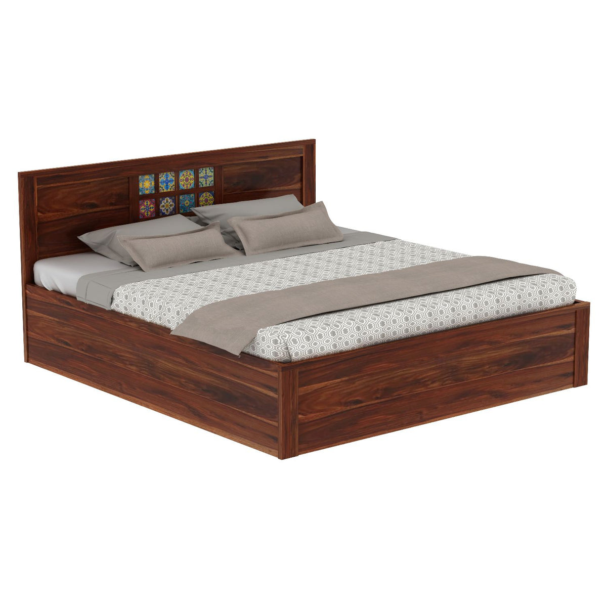 Dotwork Solid Sheesham Wood Hydraulic Bed With Box Storage (King Size, Natural Finish)