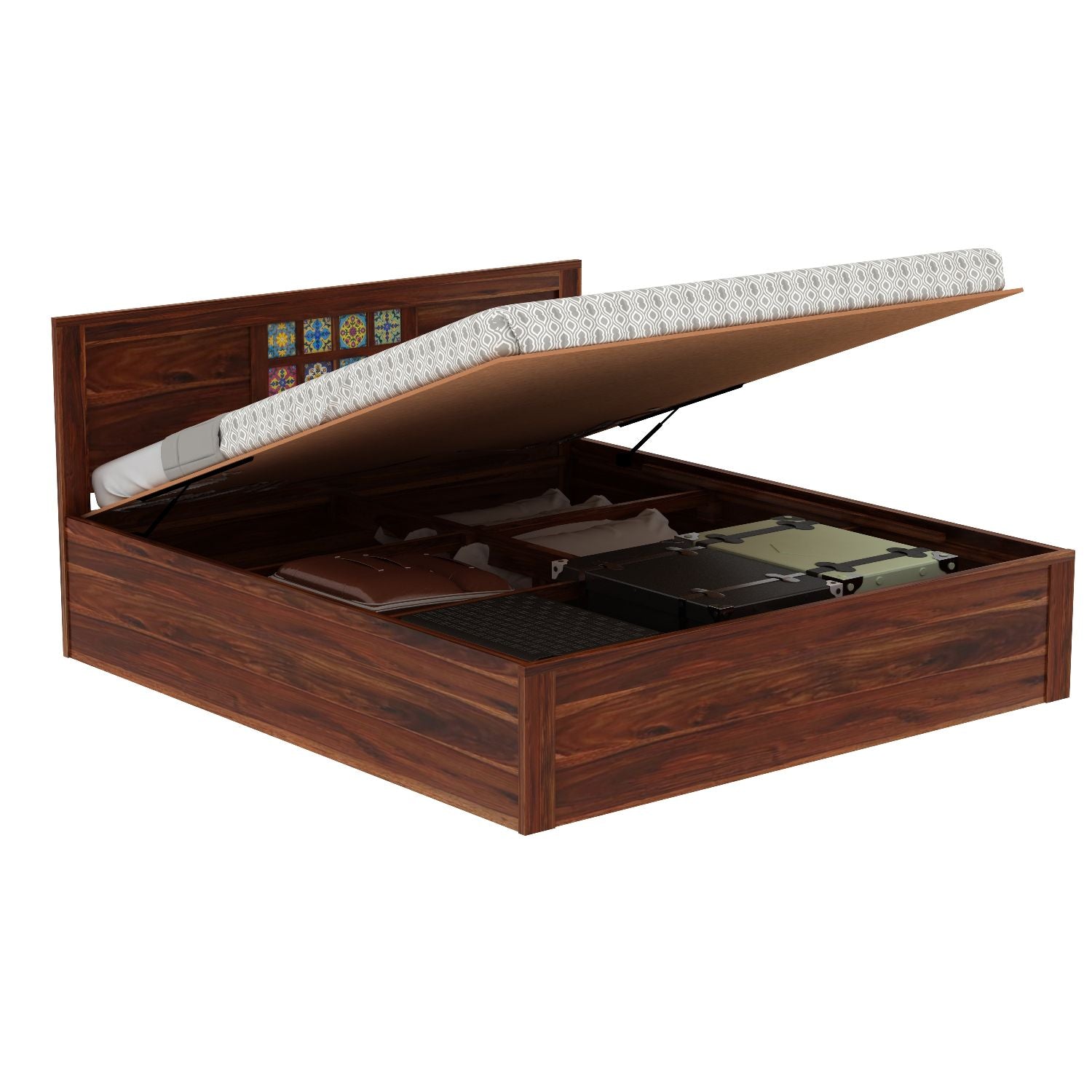 Dotwork Solid Sheesham Wood Hydraulic Bed With Box Storage (King Size, Natural Finish)