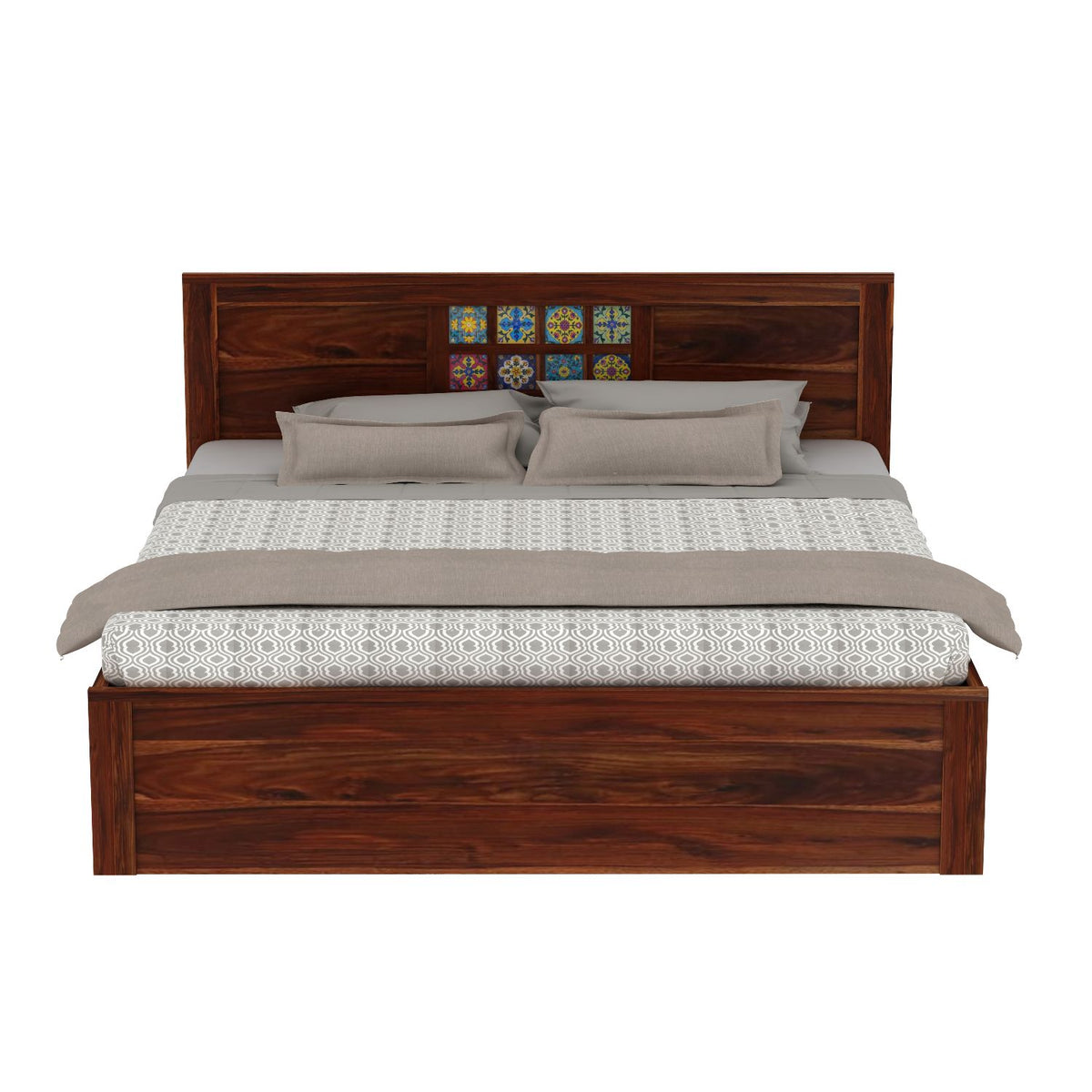 Dotwork Solid Sheesham Wood Hydraulic Bed With Box Storage (King Size, Natural Finish)