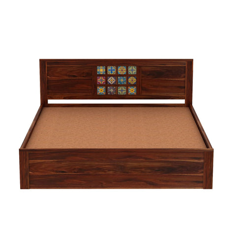 Dotwork Solid Sheesham Wood Hydraulic Bed With Box Storage (King Size, Natural Finish)