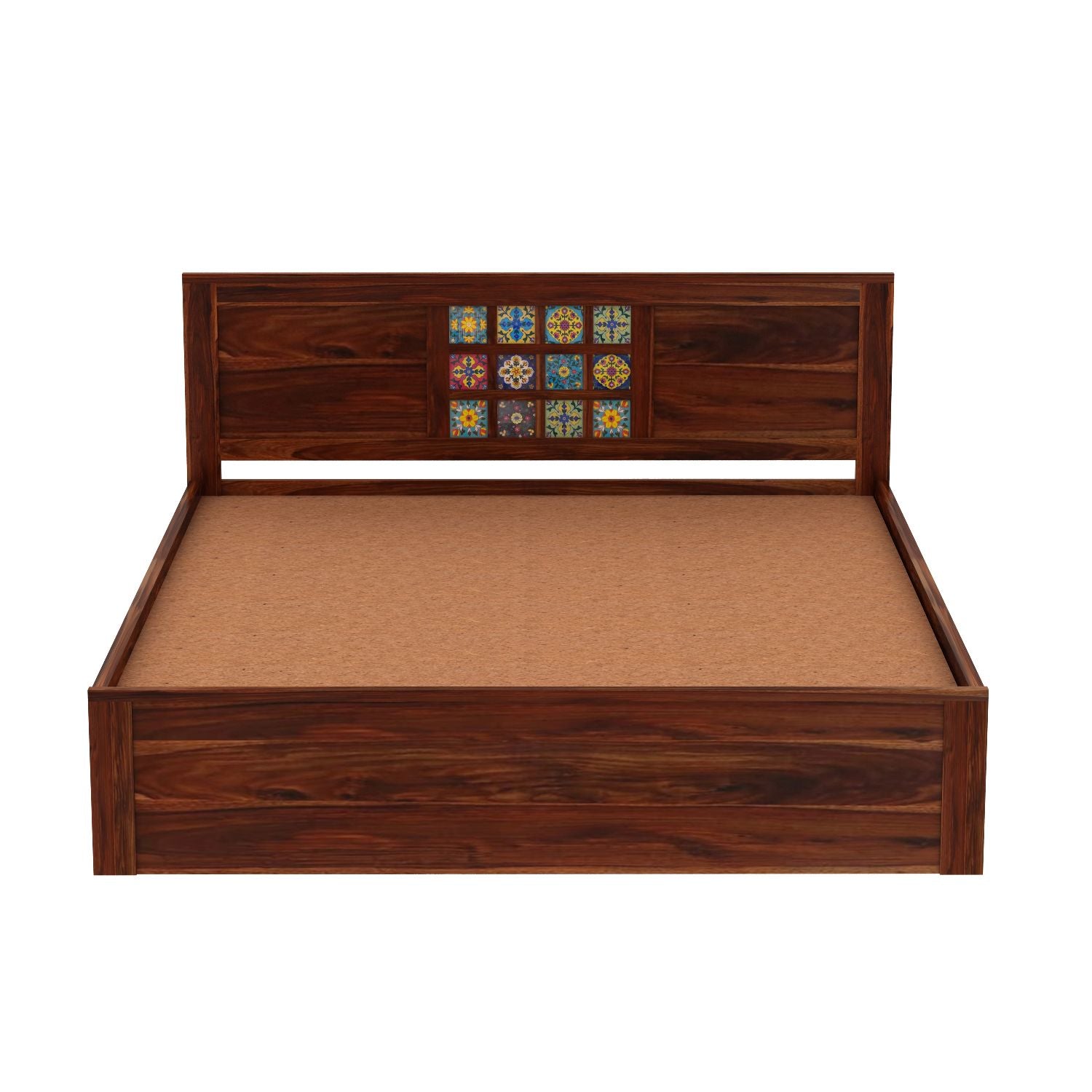 Dotwork Solid Sheesham Wood Hydraulic Bed With Box Storage (Queen Size, Natural Finish)