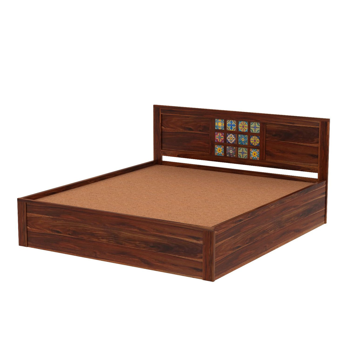Dotwork Solid Sheesham Wood Hydraulic Bed With Box Storage (King Size, Natural Finish)
