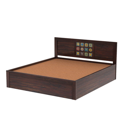 Dotwork Solid Sheesham Wood Hydraulic Bed With Box Storage (King Size, Walnut Finish)