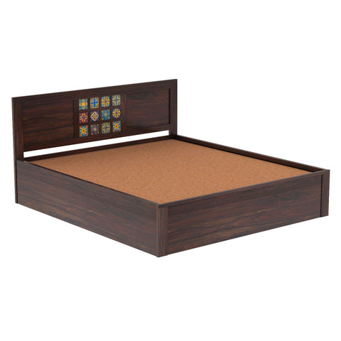Dotwork Solid Sheesham Wood Hydraulic Bed With Box Storage (King Size, Walnut Finish)