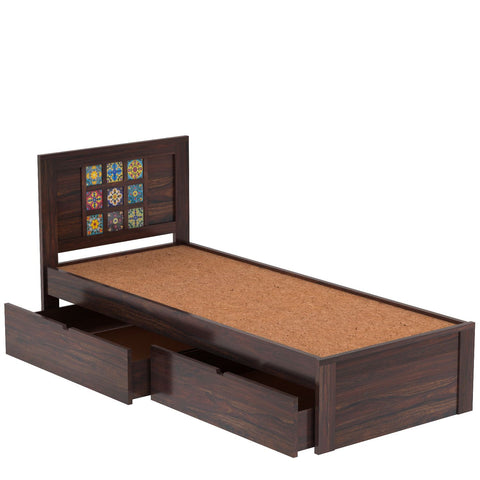 Dotwork Solid Sheesham Wood Single Bed With Two Drawers (Walnut Finish)